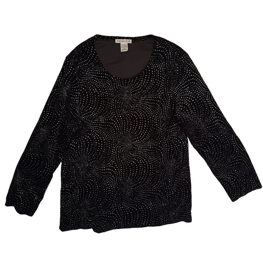 Notations Women’s XL Black Silver Glitter Velvet Top 3/4 Sleeve Stretch Party