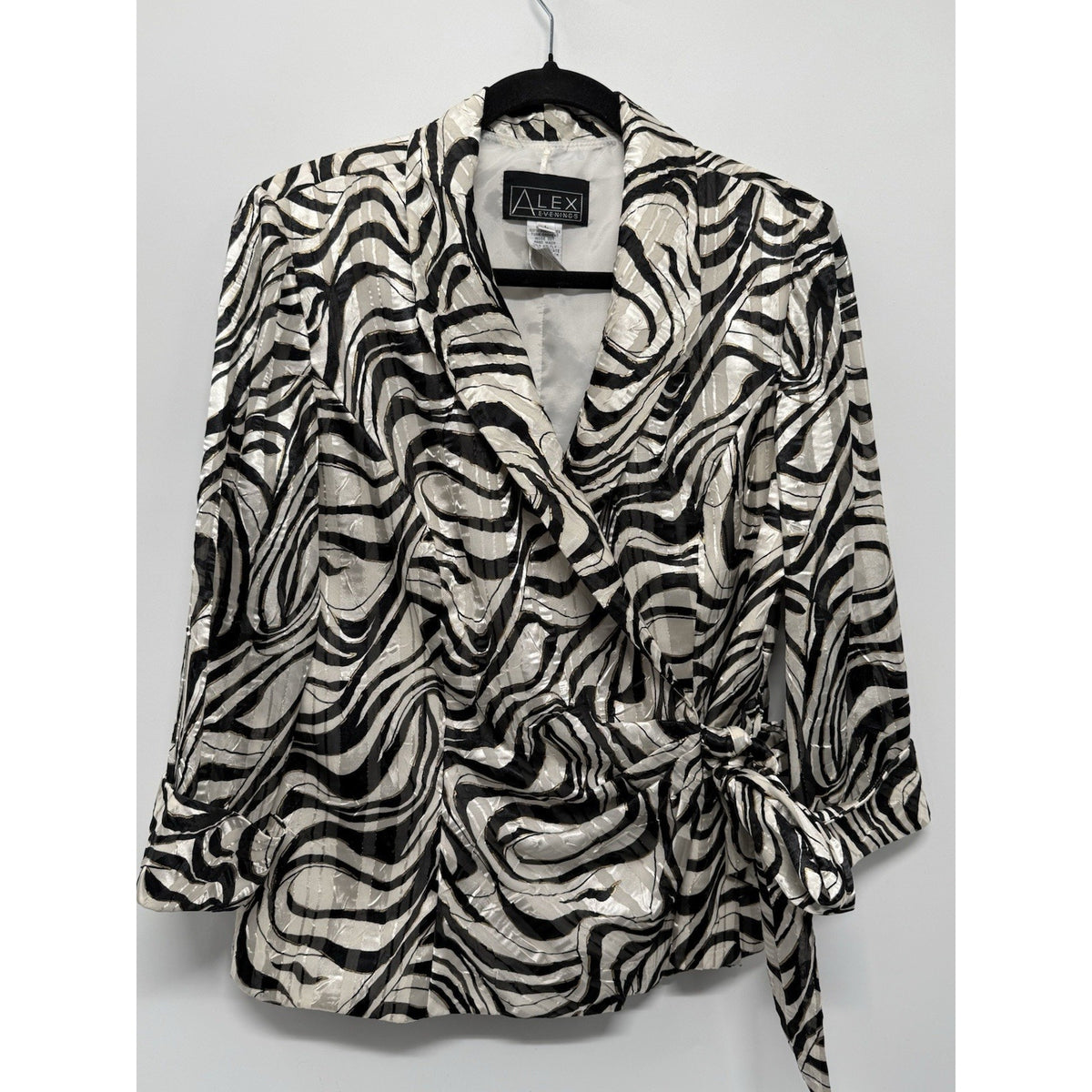 Alex Evenings Women’s L Black Ivory Abstract Tie Belt Lined 3/4 Sleeve Jacket