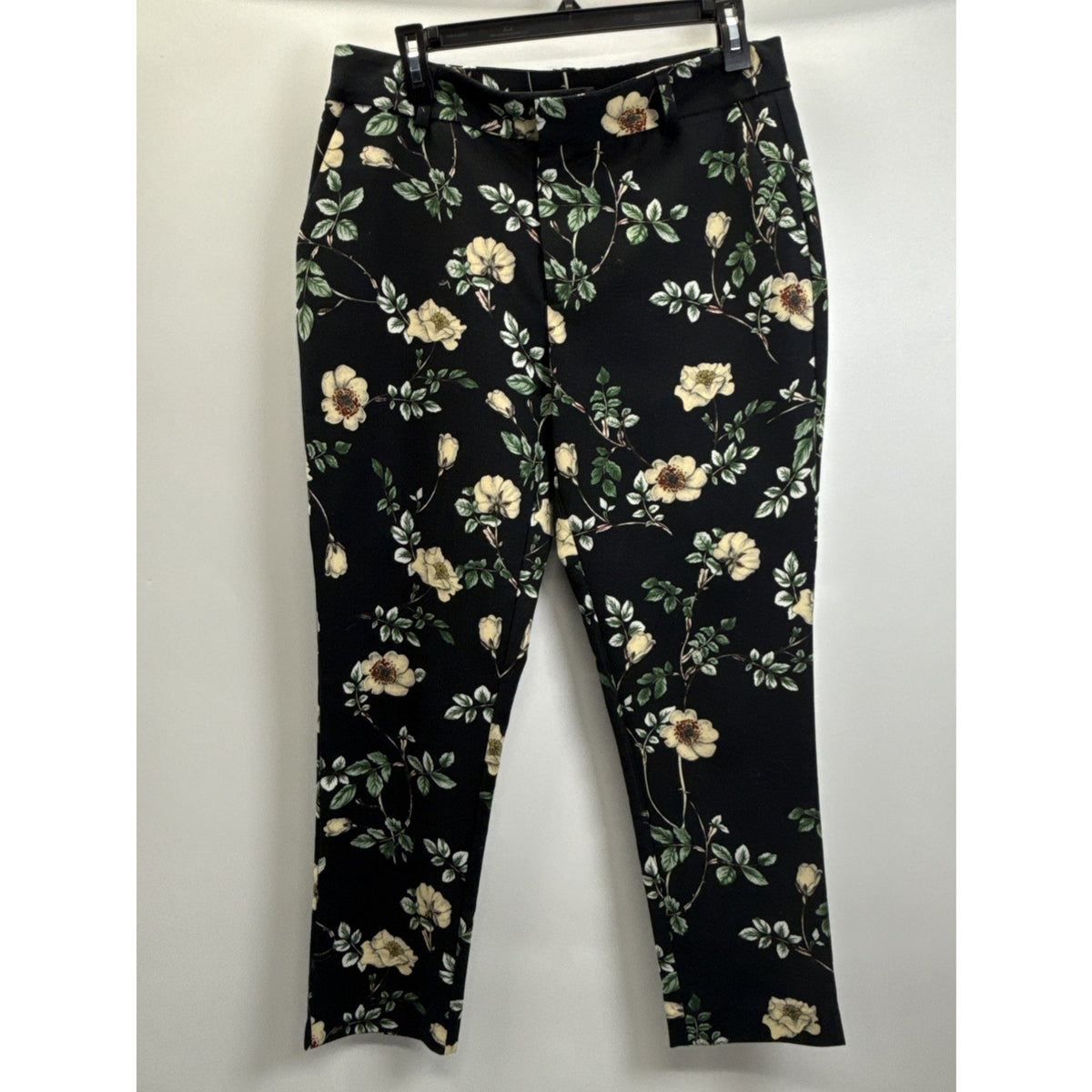 Black Tape Womens Medium Black Floral Dress Pants Ankle Length Stretch Slacks