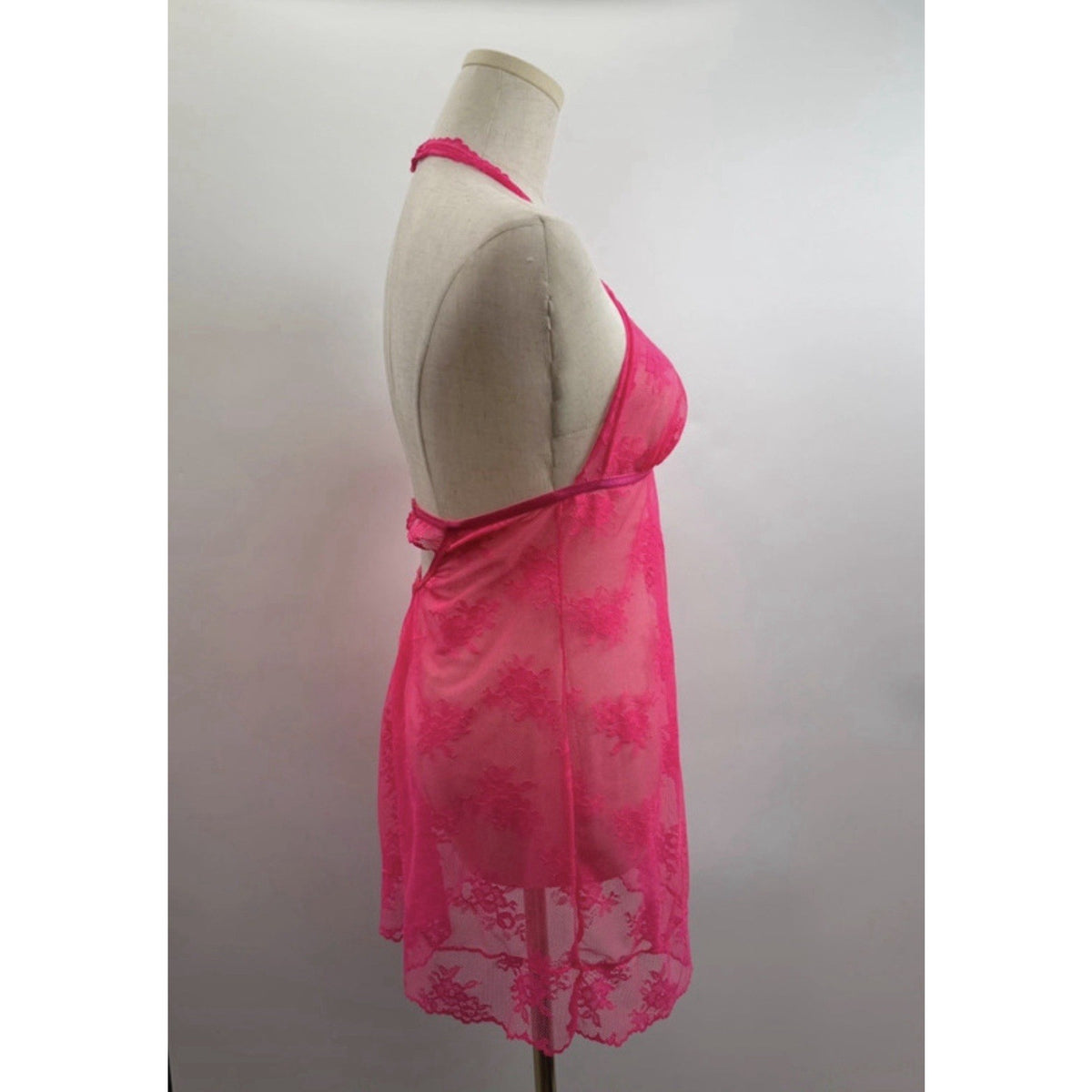 Victoria’s Secret Lingerie Large Hot Pink Lace Sheer Halter Babydoll Chemise
