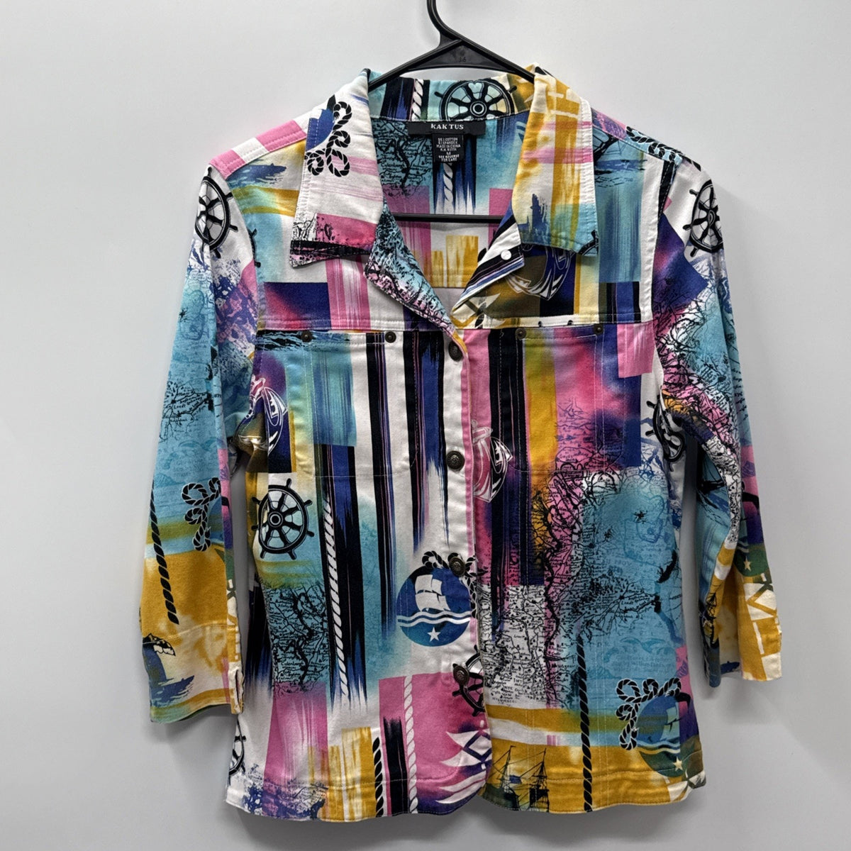 Kaktus Womens M Nautical Shirt Jacket Art To Wear Coastal Cruise Button Front