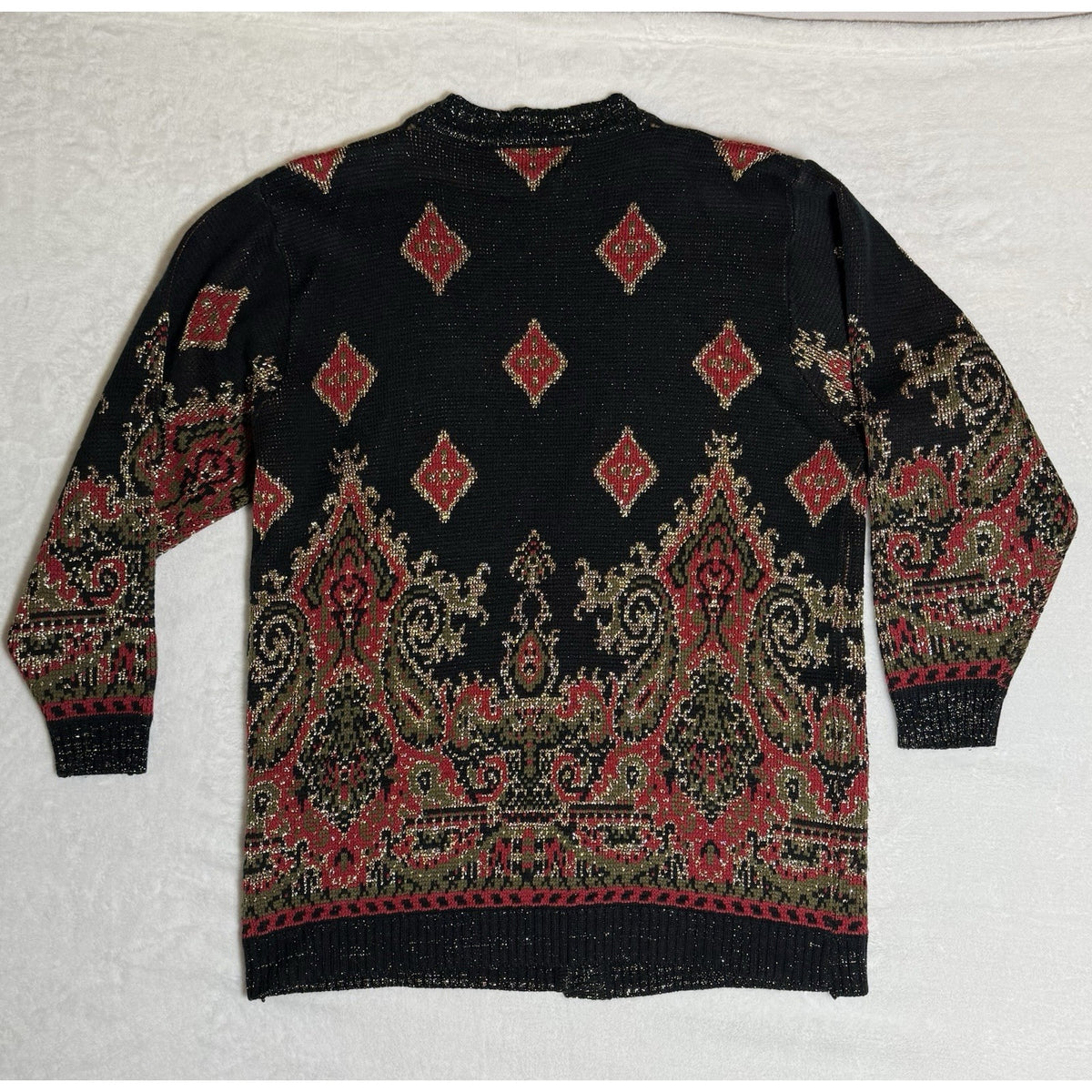 CST Studio Cardigan Sweater Sz 44 Metallic Lurex Black Red Gold Paisley Long