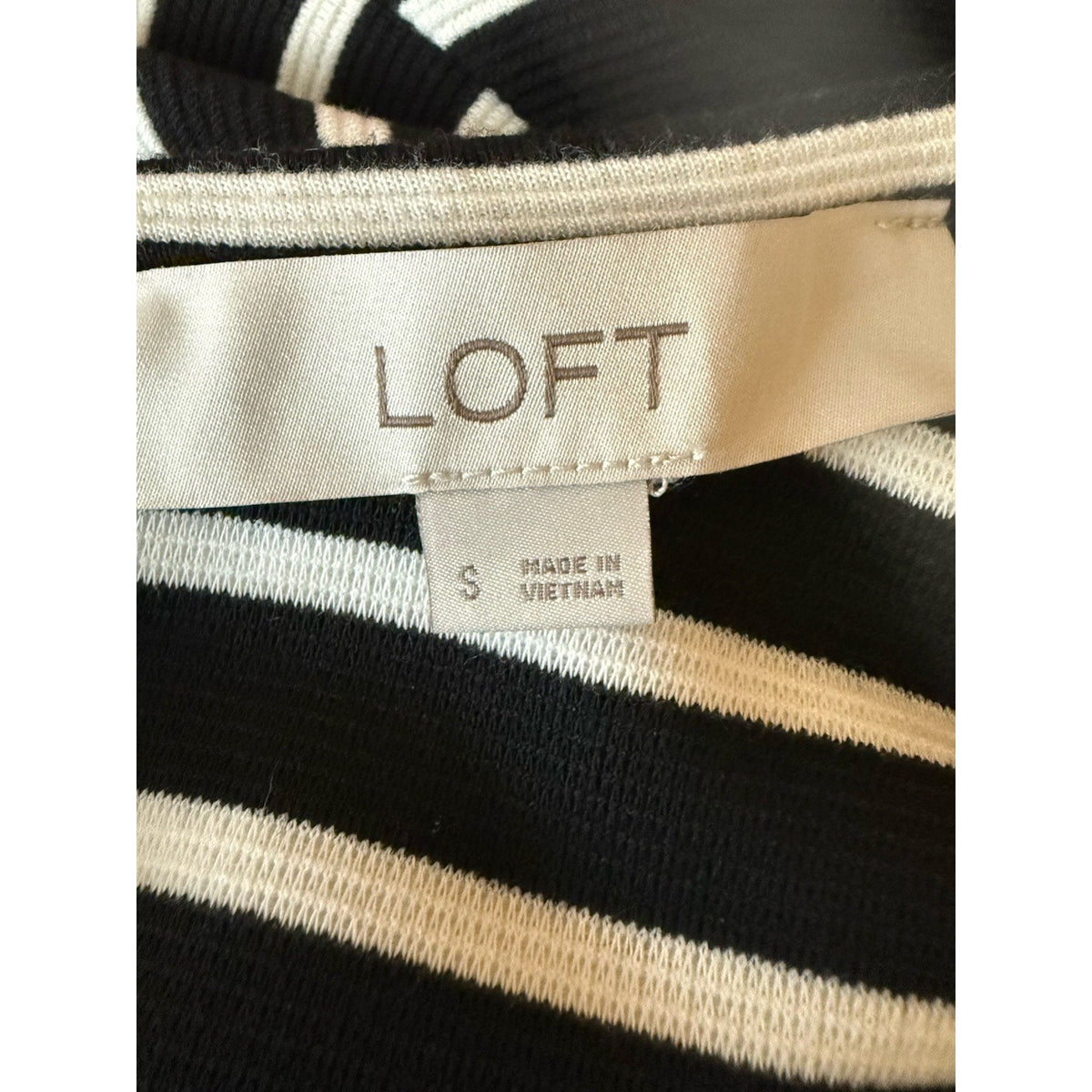 LOFT Black White Stripe Knit Shift Dress Size S 3/4 Sleeve Stretch Classic