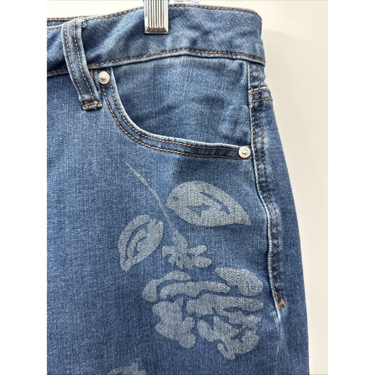 Style & Co. Womens Sz 14 Straight Leg Jeans Blue Floral Print 5 Pocket Boho