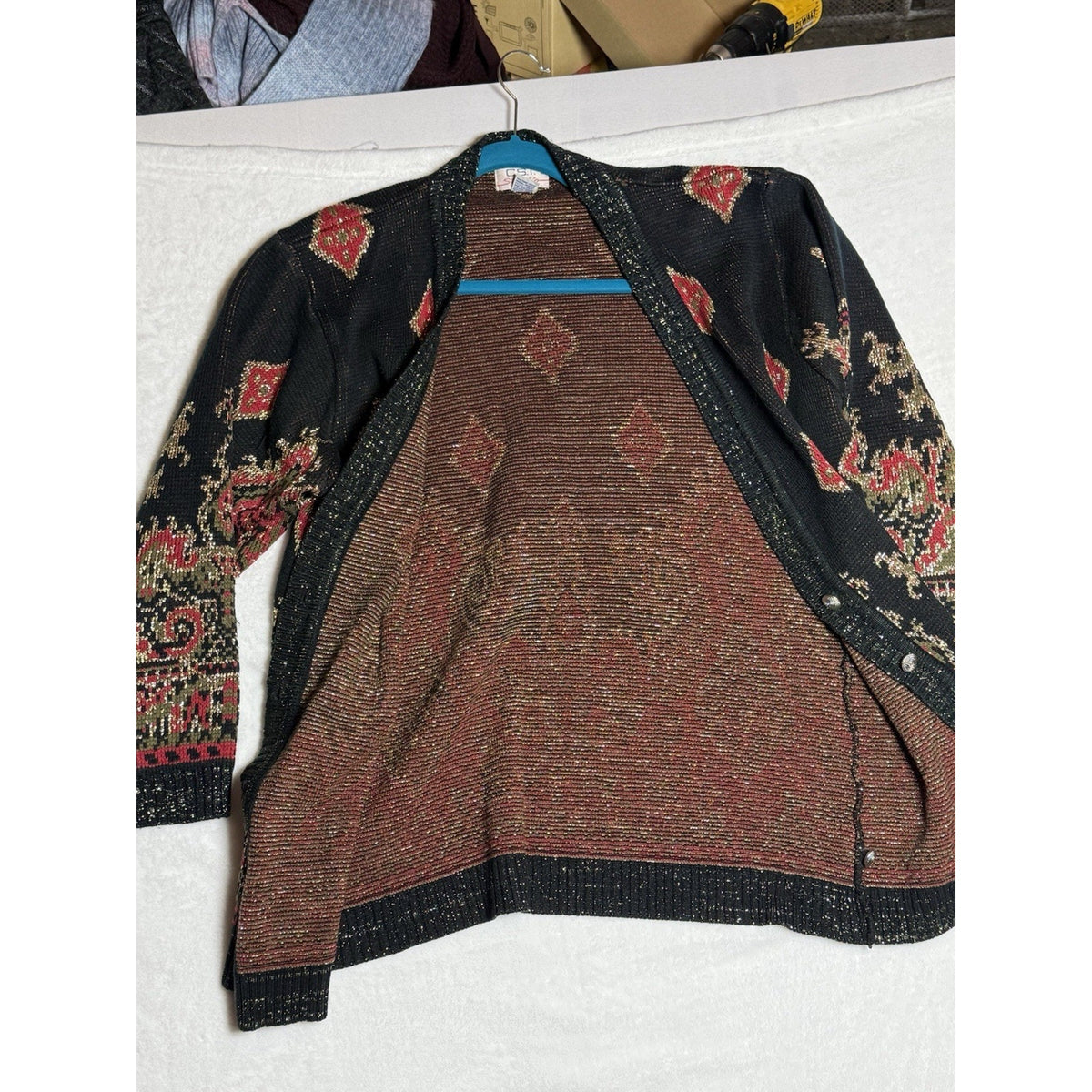 CST Studio Cardigan Sweater Sz 44 Metallic Lurex Black Red Gold Paisley Long