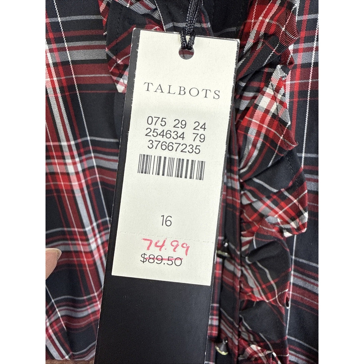 Talbots Women Size 16 Red Black Plaid Ruffle Front Button Down Stretch Shirt NWT