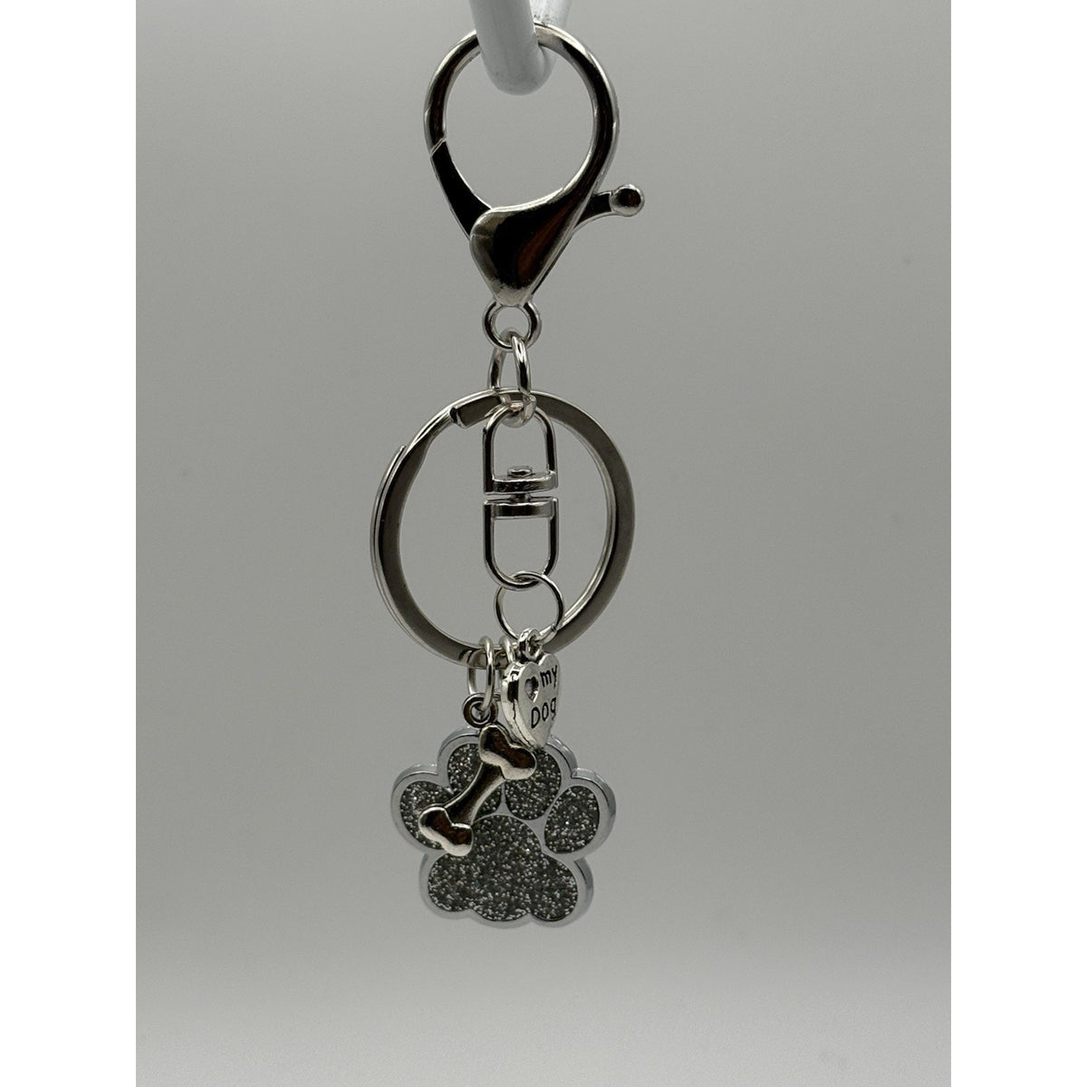 Silver Glitter Paw Print Dog Keychain Purse Charm Lobster Clasp Gift Handmade