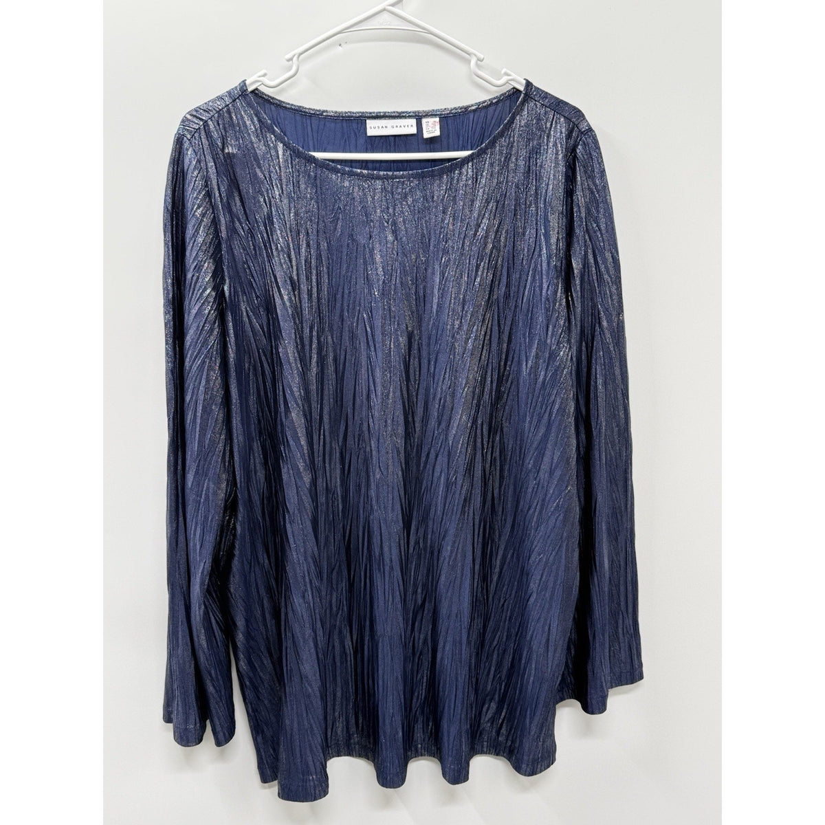Susan Graver 1X Blue Metallic Crinkle Knit Top Shimmer 3/4 Sleeve