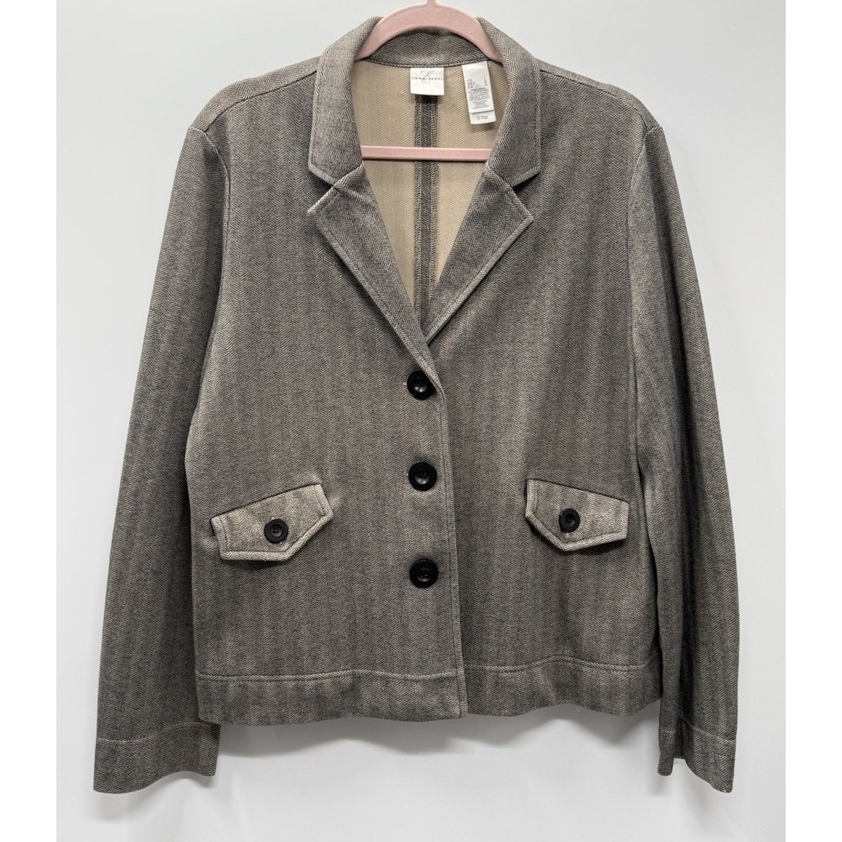 Emma James Womens L Herringbone Blazer Jacket Brown Career Classic Button Front