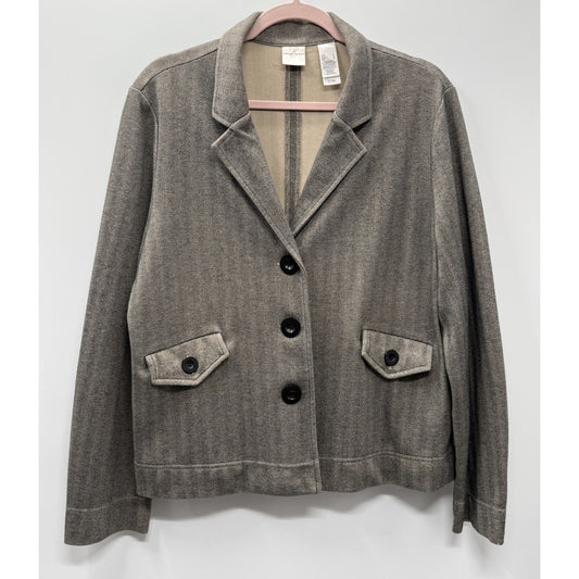 Emma James Womens L Herringbone Blazer Jacket Brown Career Classic Button Front