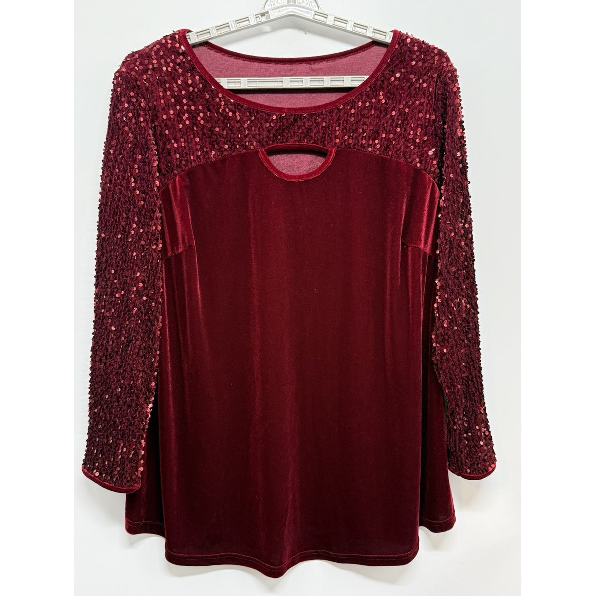 Burgundy Velvet Sequin Tunic Top Size 2X Keyhole Whimsigoth Party Blouse