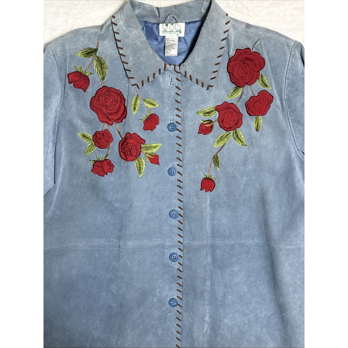 QUACKER FACTORY Womens Blue Suede Leather Red Roses Jacket Coat - Sz XL