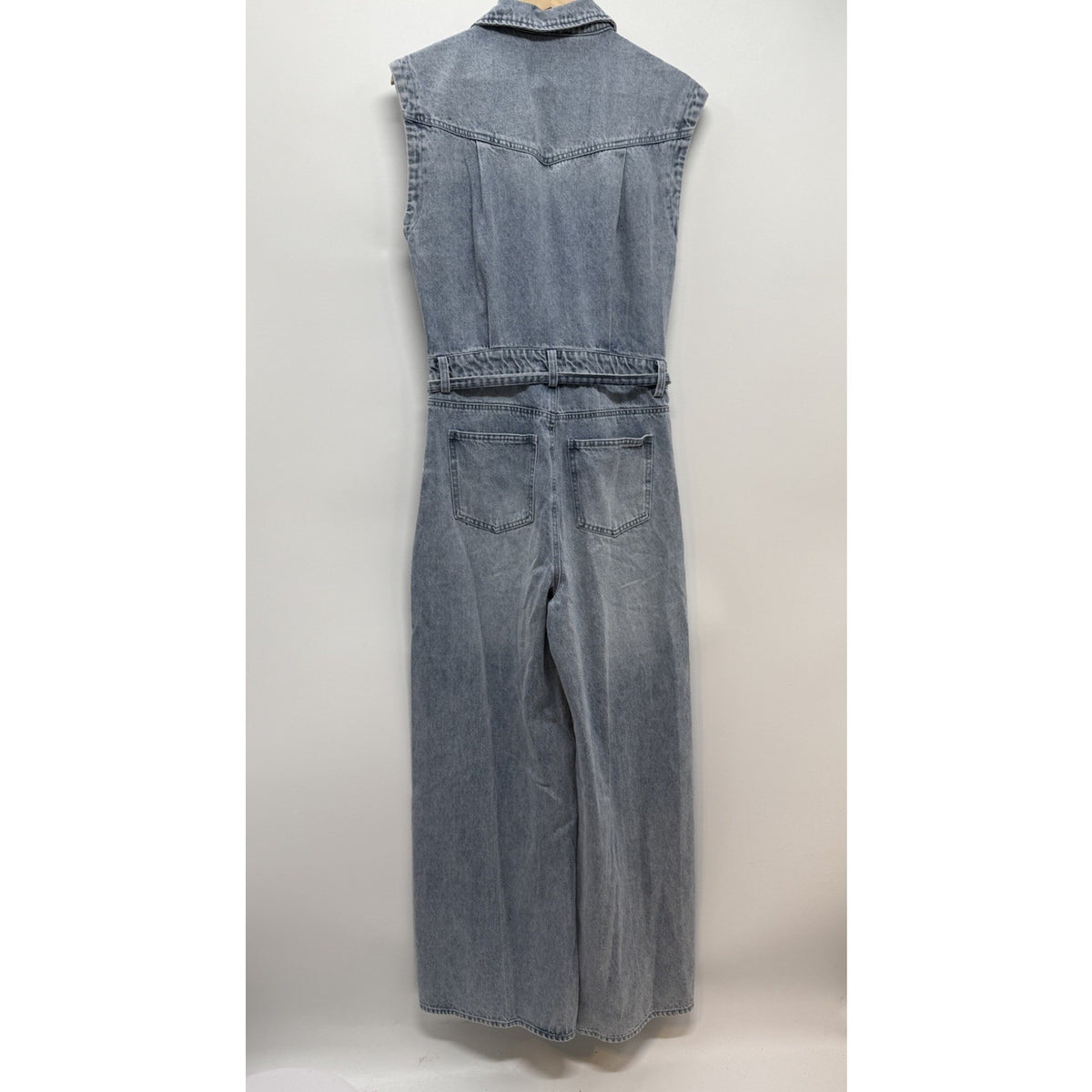 VICI Blue Denim Jumpsuit Womens S Sleeveless Collared Wide Leg Belted Pockets
