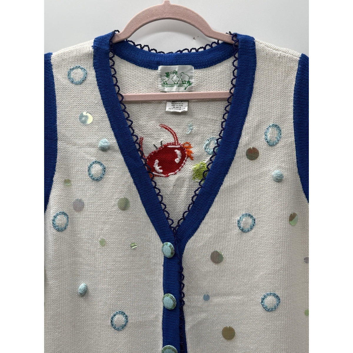 Quacker Factory 1X Nautical Crab Sweater Vest Cardigan White Blue Sequin Beach