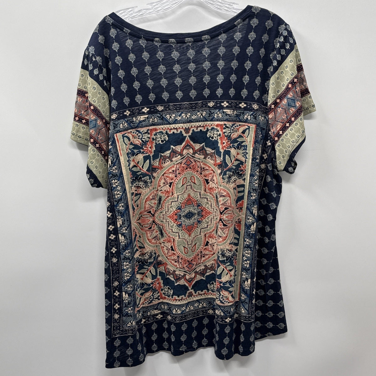 Lucky Brand Size 3X Persian Carpet Short Sleeve Scoop Neck Tee Top Navy Blue