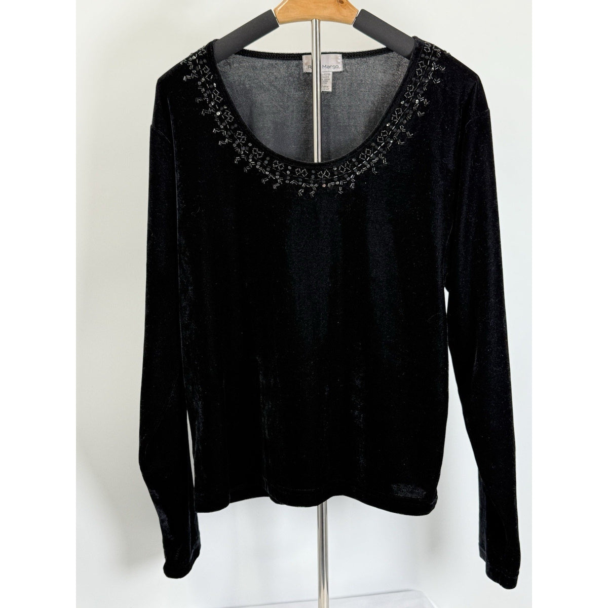 Rene Margo L Black Velvet Beaded Top Long Sleeve Stretch Embellished Scoop Neck