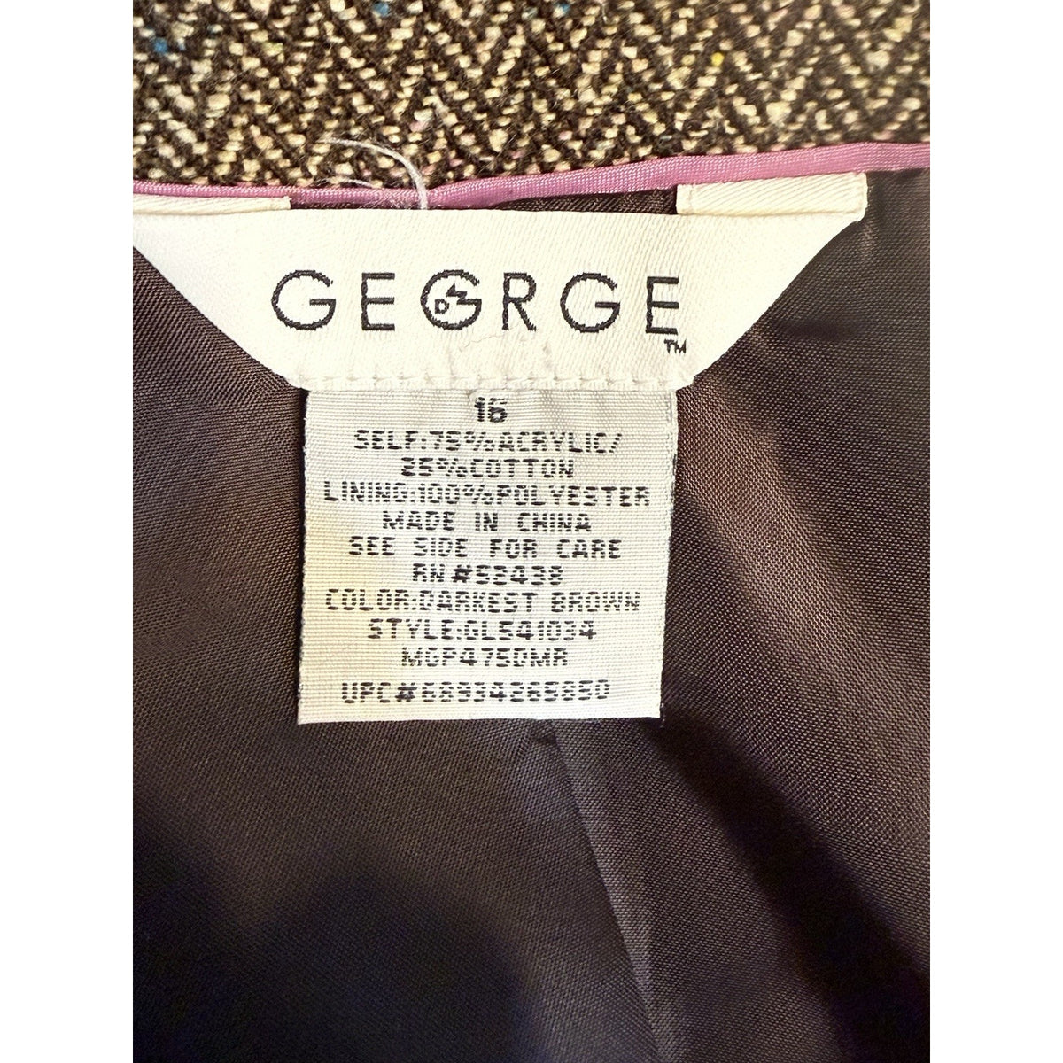 George Women’s Brown Herringbone Blazer Jacket Size 16 Button Embroidered Pocket