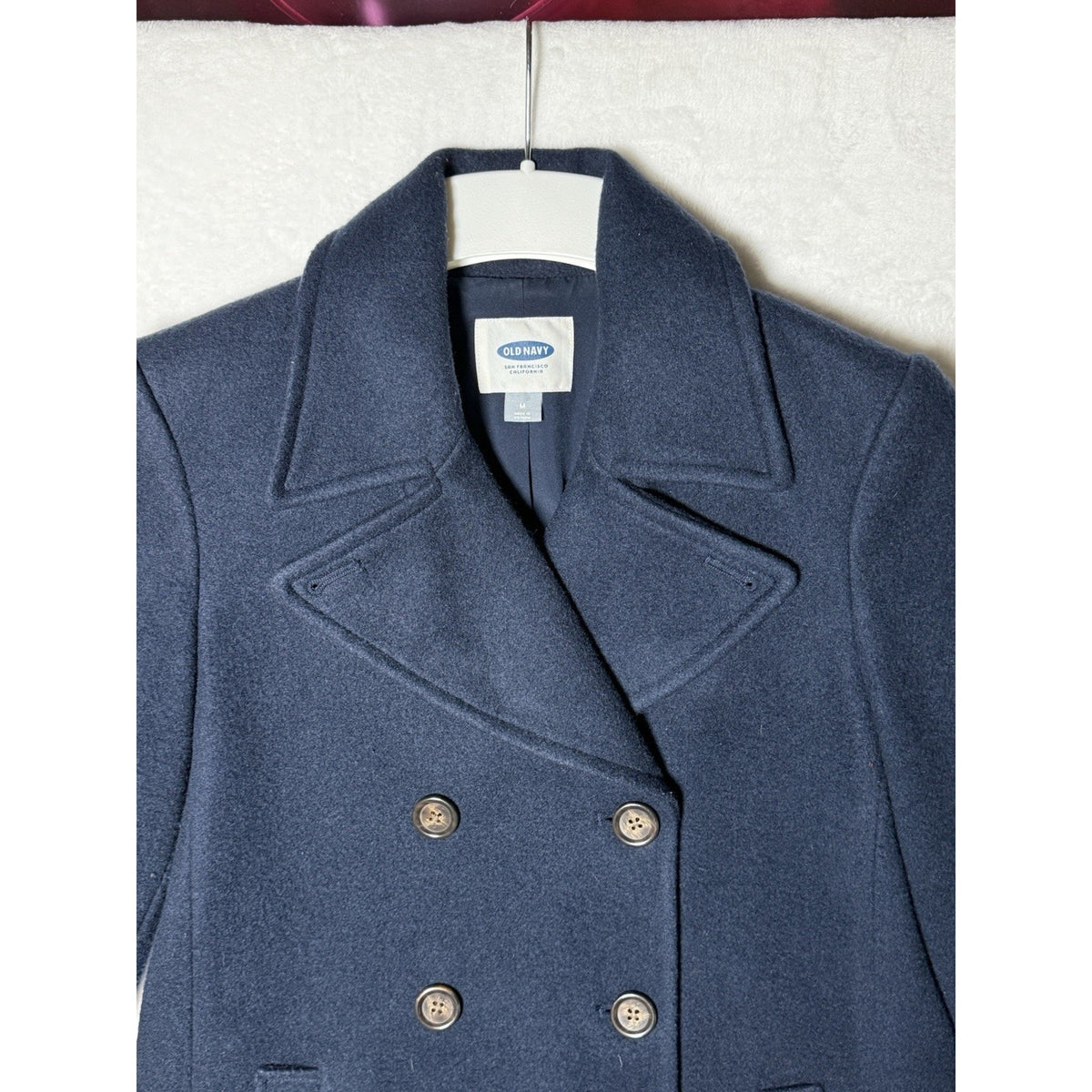 Old Navy Womens M Navy Blue Double Breasted Peacoat Jacket Belted Back 28”