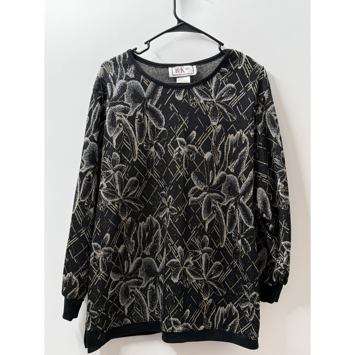 R&K Sport Women L Black Gold Floral Metallic Lightweight Knit Tunic Top USA