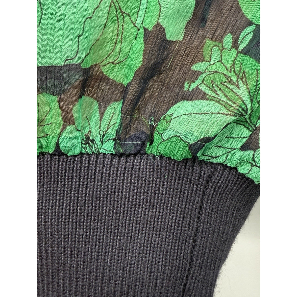 Tommy Hilfiger XL Tie Neck Sweater Green Floral Sleeve V Neck Mixed Media Top