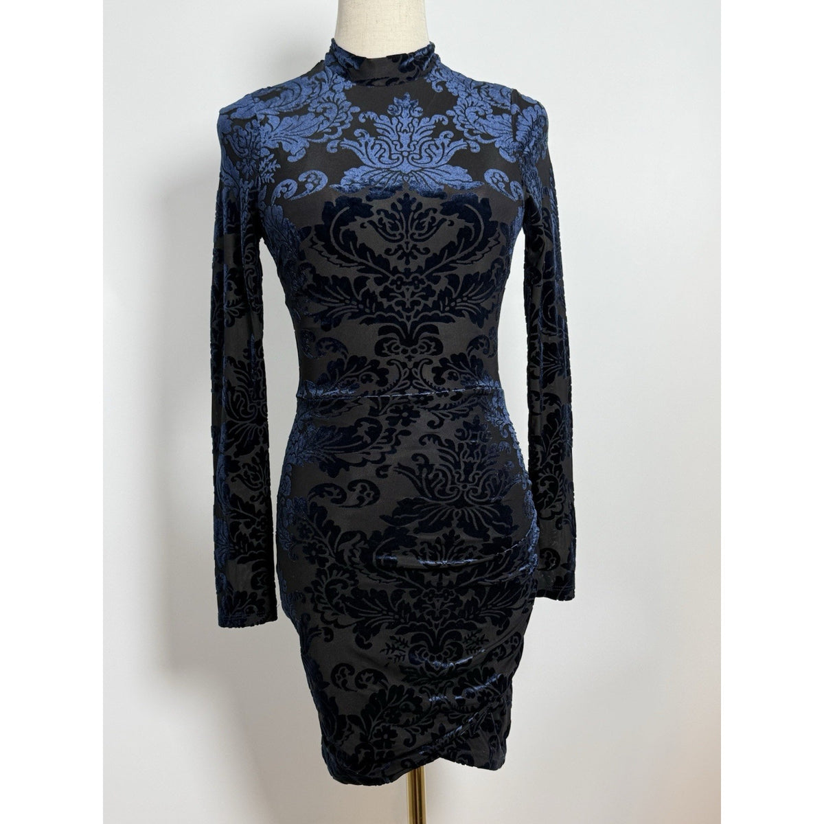 Windsor XS Navy/Black Burnout Velvet Damask Bodycon Mini Mock Neck long sleeve