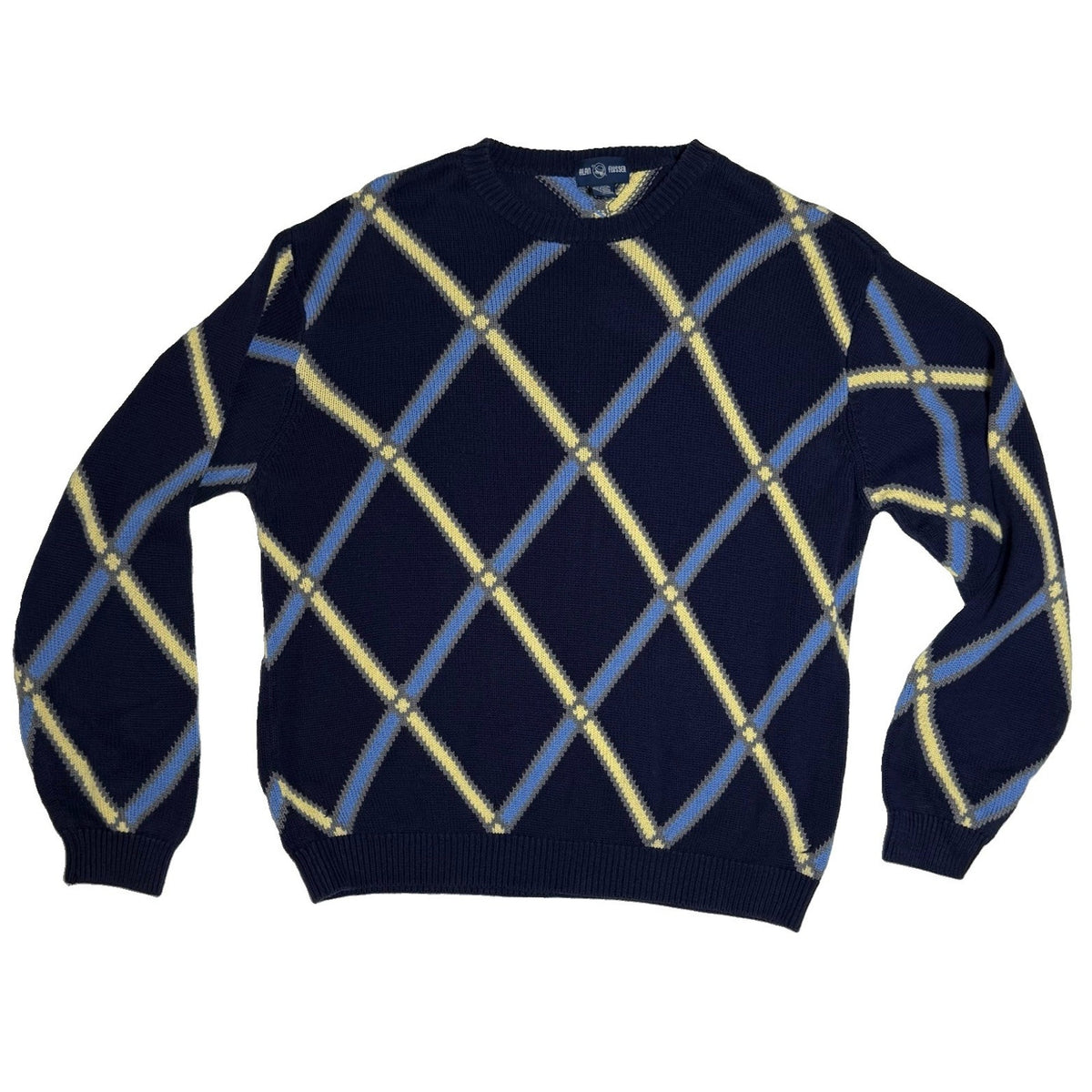 Alan Fusser Men L 100% Cotton Argyle Sweater Navy Blue Yellow Preppy Crewneck