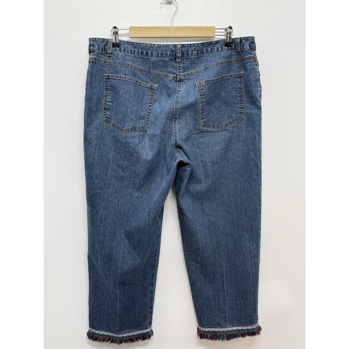 Ruby Rd Capri Jeans Womens 14 Embellished Beaded Fringe Hem Stretch Denim Blue