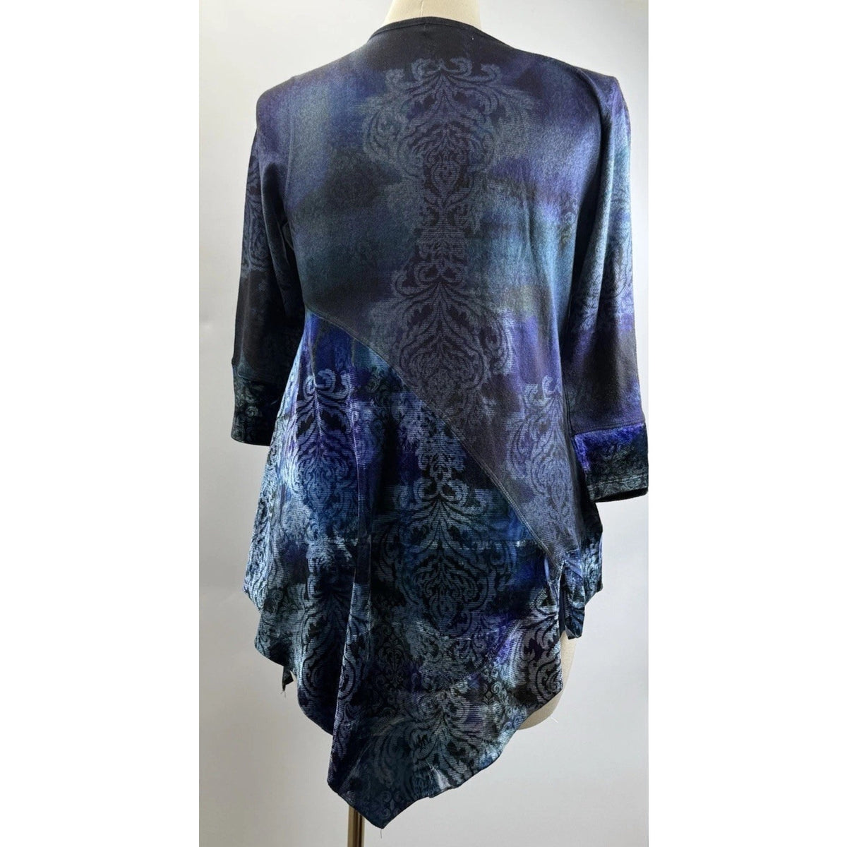 OneWorld Blue Abstract Sharkbite Tunic Top Large Boho Goth Asymmetrical