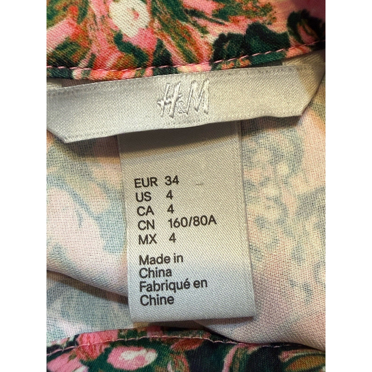 H&M Long Sleeve Pink & Green Midi Dress Size 4 High Neck Open Back Lightweight