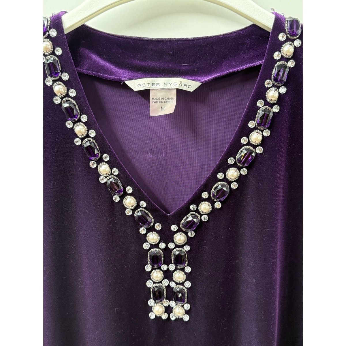 Peter Nygard Womens M Purple Velvet V-Neck Long Sleeve Beaded Rhinestone Top