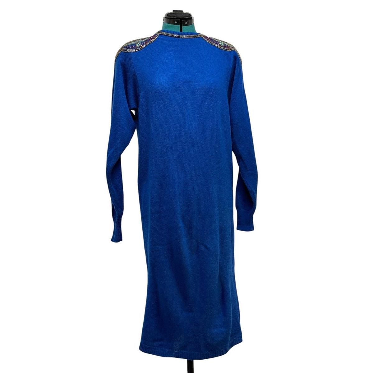 Plain Jane Vintage Blue Beaded Midi Length Long Sleeve Sweater Dress SizeMedium