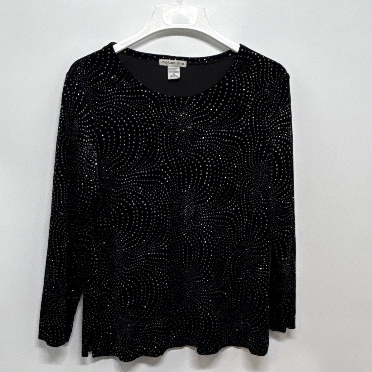 Notations Women’s XL Black Silver Glitter Velvet Top 3/4 Sleeve Stretch Party