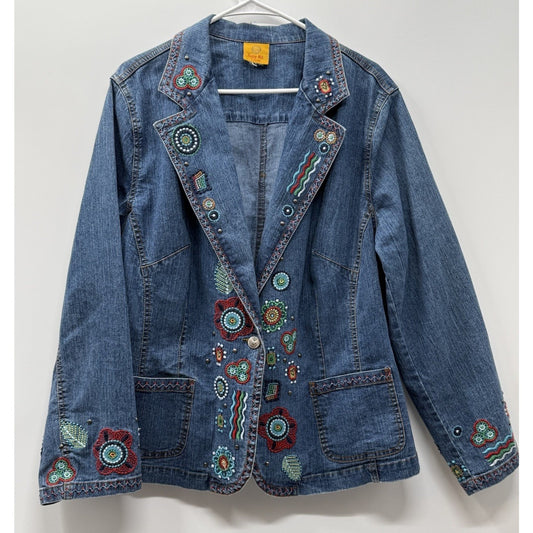 Ruby Rd Embroidered Denim Jacket Boho Western Southwestern Artsy Festival No Tag