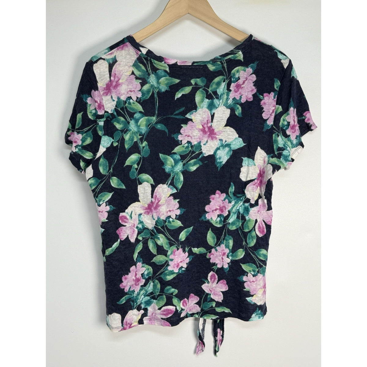 J Jill 100% Linen Floral Tie Front Top Love Linen Navy Pink Green M