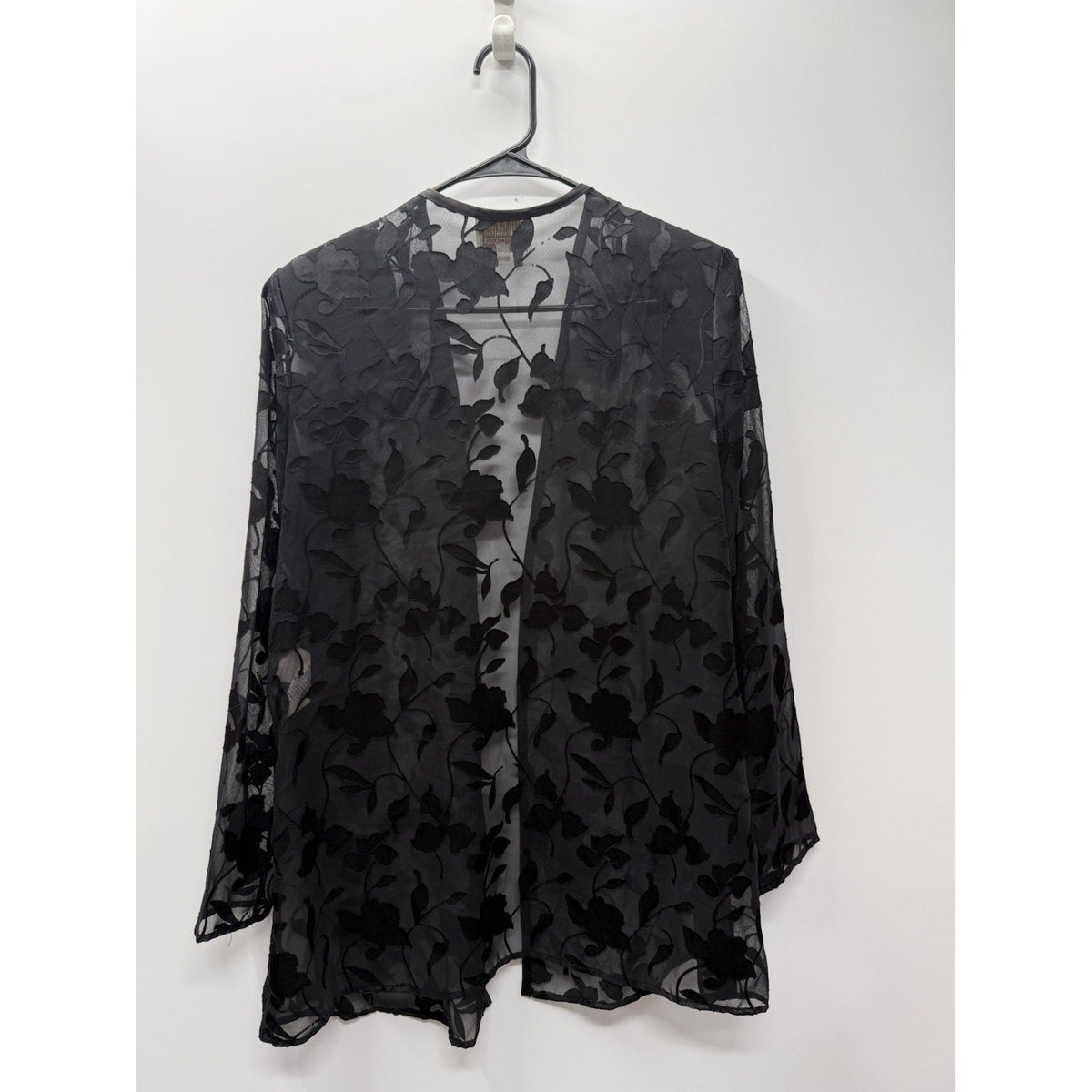 Black Sheer Burnout Floral Jacket Open Front Long Sleeve Size 6 Dark Romantic