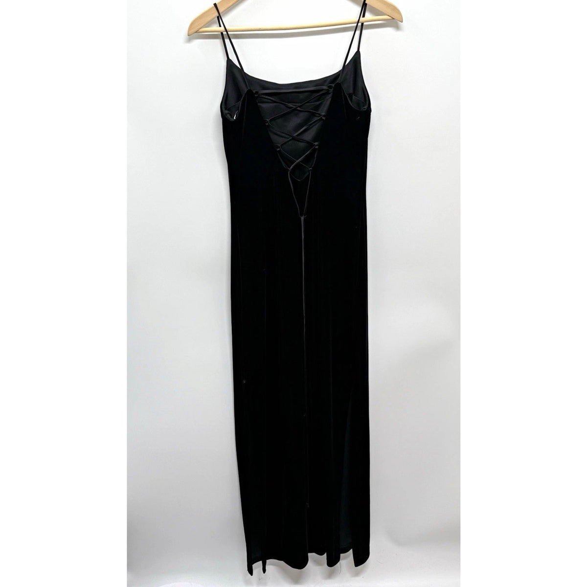 VTG 90s Betsy & Adam Black Velvet LaceUp Maxi Dress Red Rosettes 11/12 Flawed