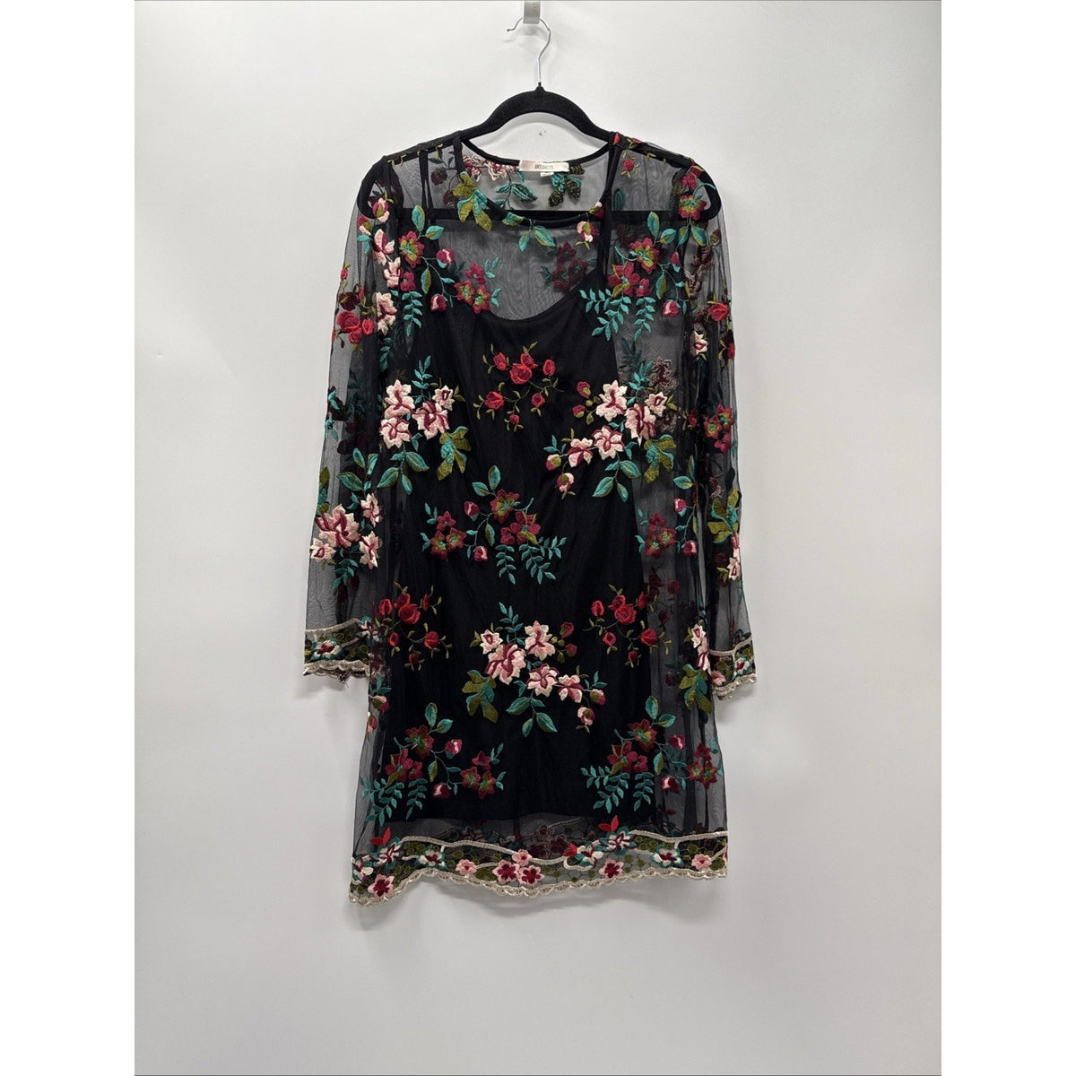 Antonette Embroidered Mesh Floral Tunic Top M Black Sheer Boho Romantic