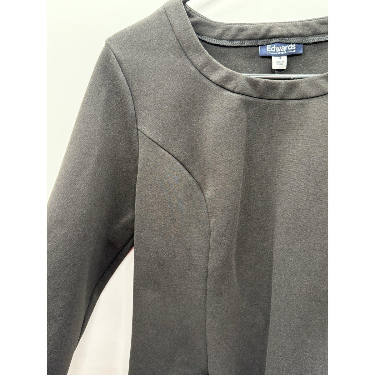 Edwards Black Sheath Dress Size 8 Career Office Stretch 3/4 Sleeve Pockets