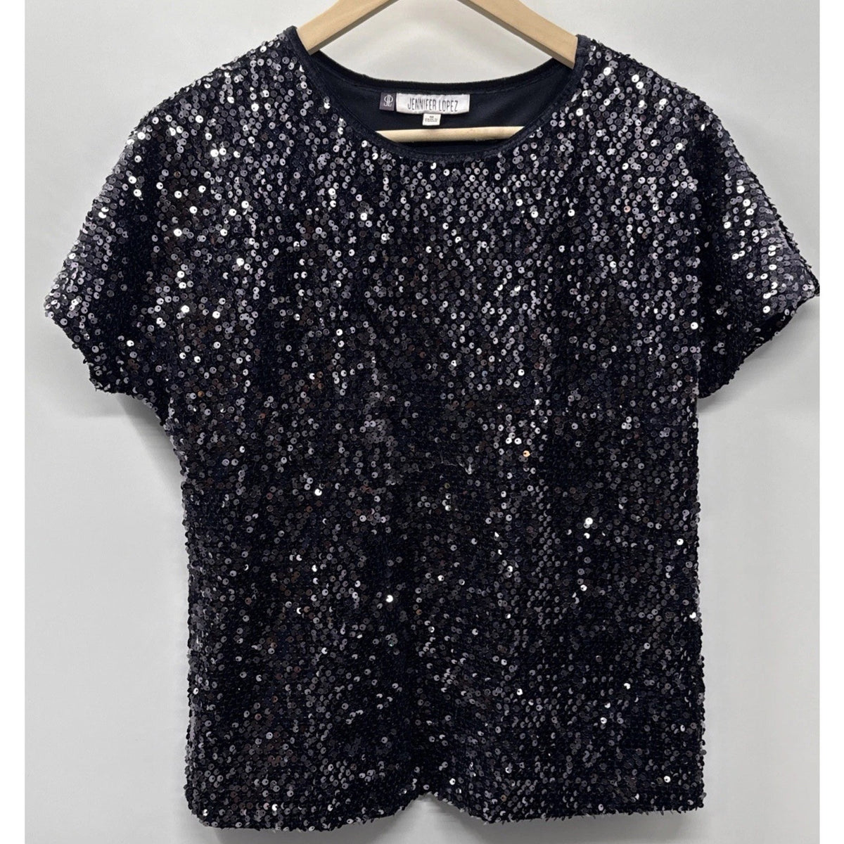 Jennifer Lopez Womens Top Medium Purple Black Sequined Top Short Sleeves