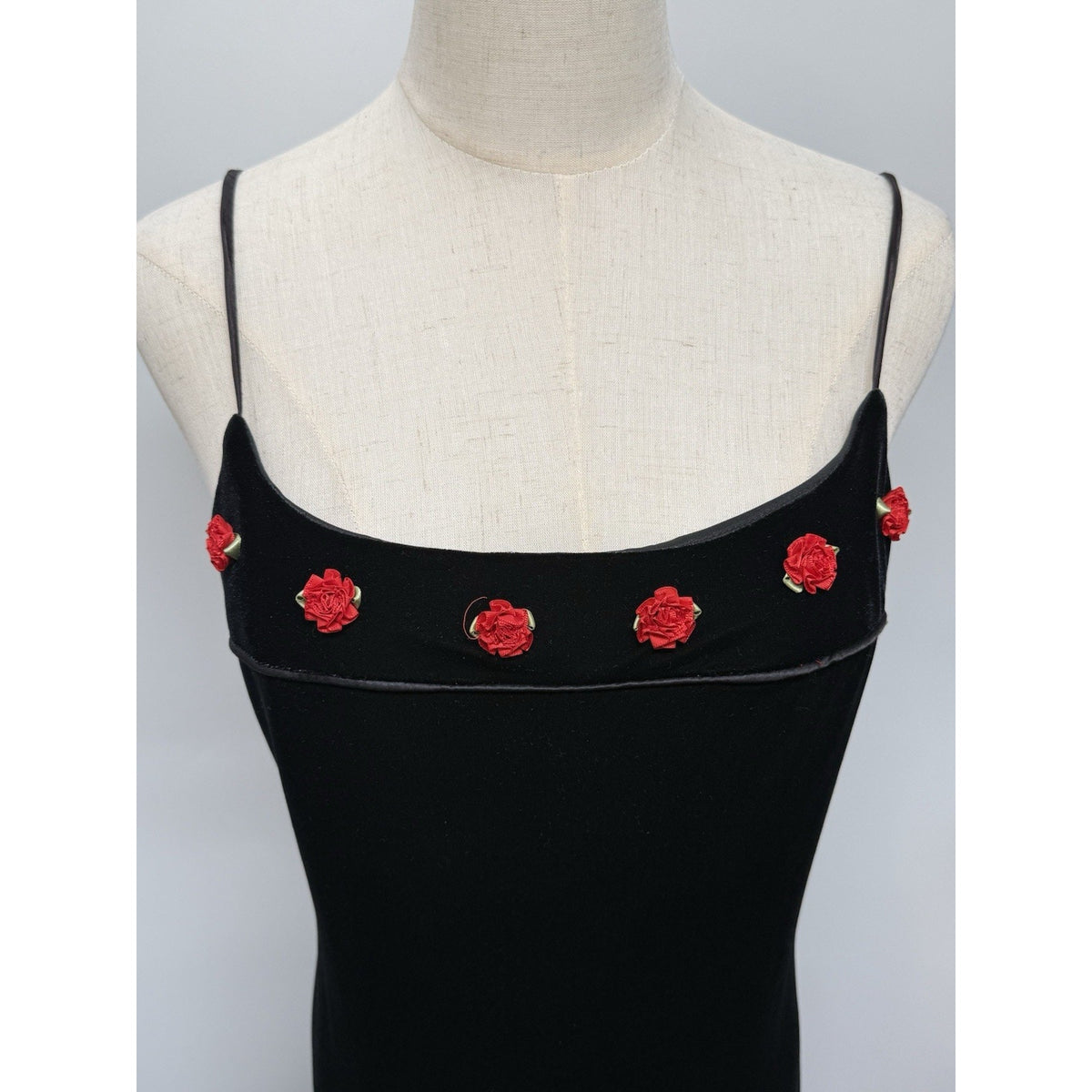 VTG 90s Betsy & Adam Black Velvet LaceUp Maxi Dress Red Rosettes 11/12 Flawed