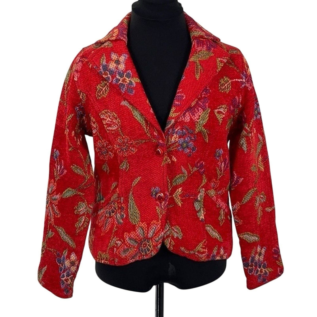 Parsley & Sage Boho Artsy Floral Jacket Red Woven Texture Button Front SZ Small