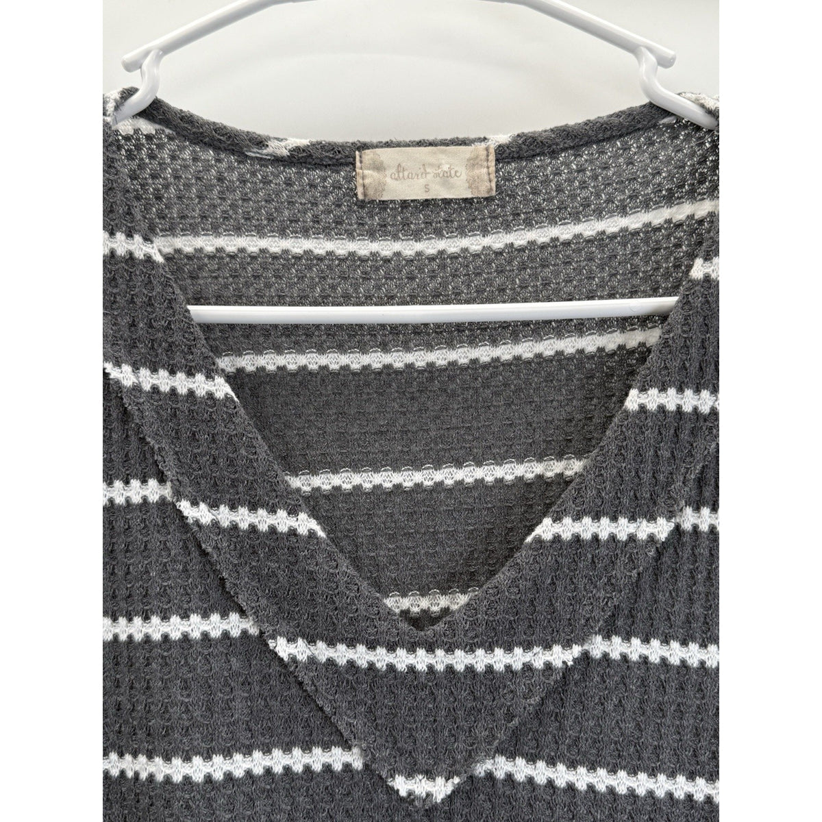 Altar'd State Top Womens Small Waffle Knit Grey White Stripe V Neck Long Sleeve