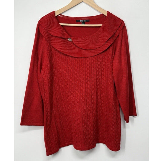 Briggs Red Knit Sweater L Metallic Collar Pearl Button Holiday Top 3/4 Sleeve