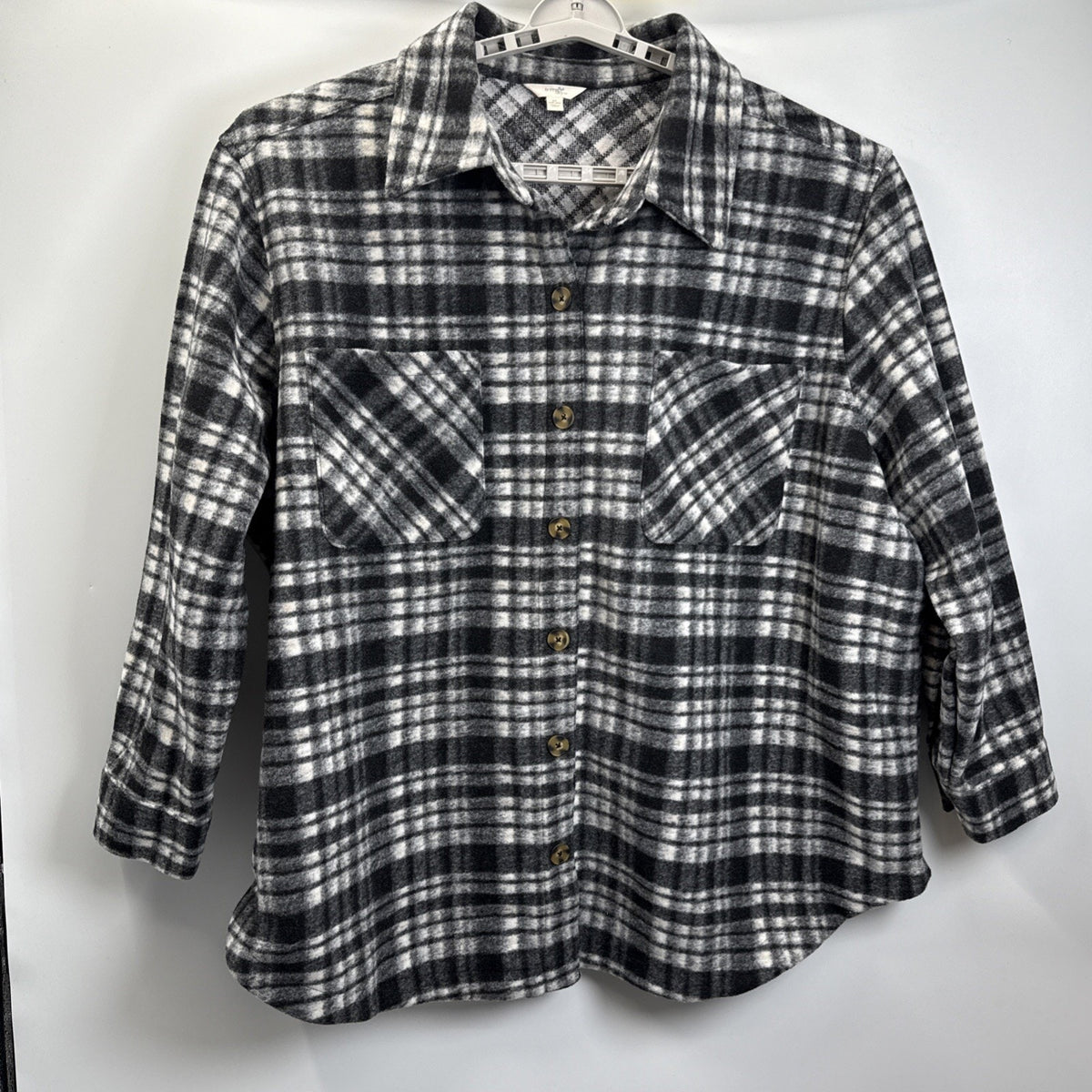Terra & Sky Womens Plaid Button Down Shacket Plus Sz 3X (24W-26W) Black & White