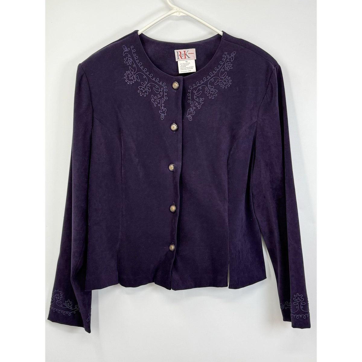 R&K Originals Purple Embroidered Button Front Jacket Women’s Size 12 Unlined