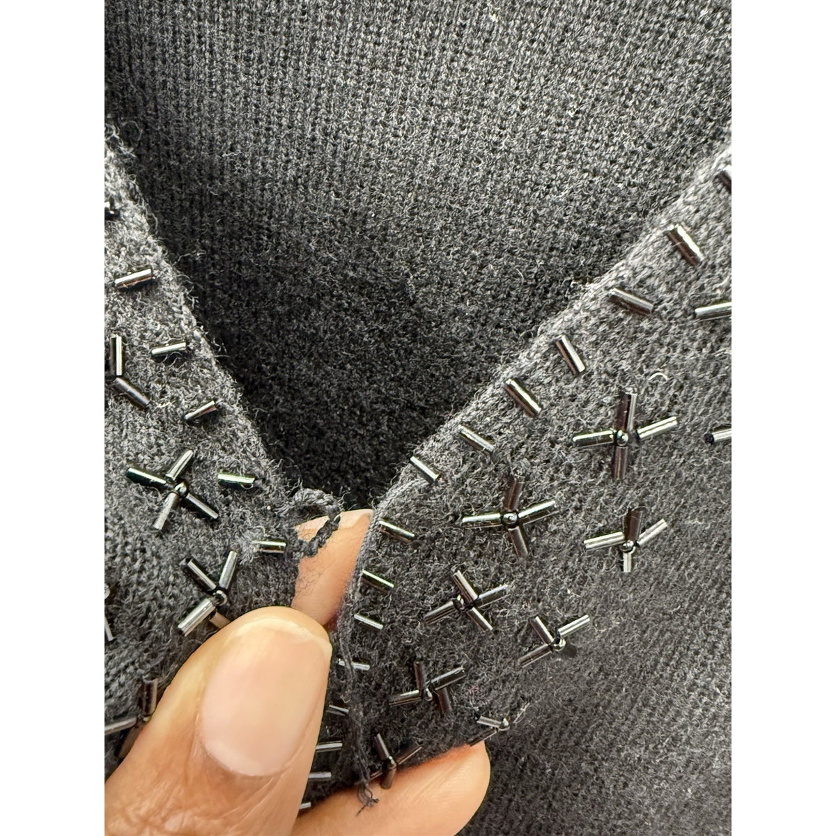 Lord & Taylor Wool Cardigan Sweater L Black Beaded Open Front Collared Classic