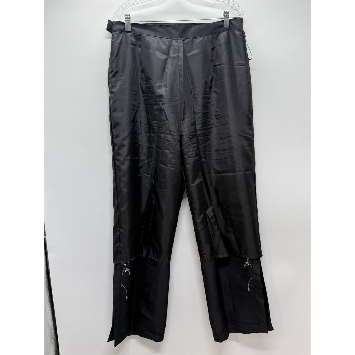 ISC Womens Silk Pants Black Embroidered Leg Side Slit Sz L, Lined