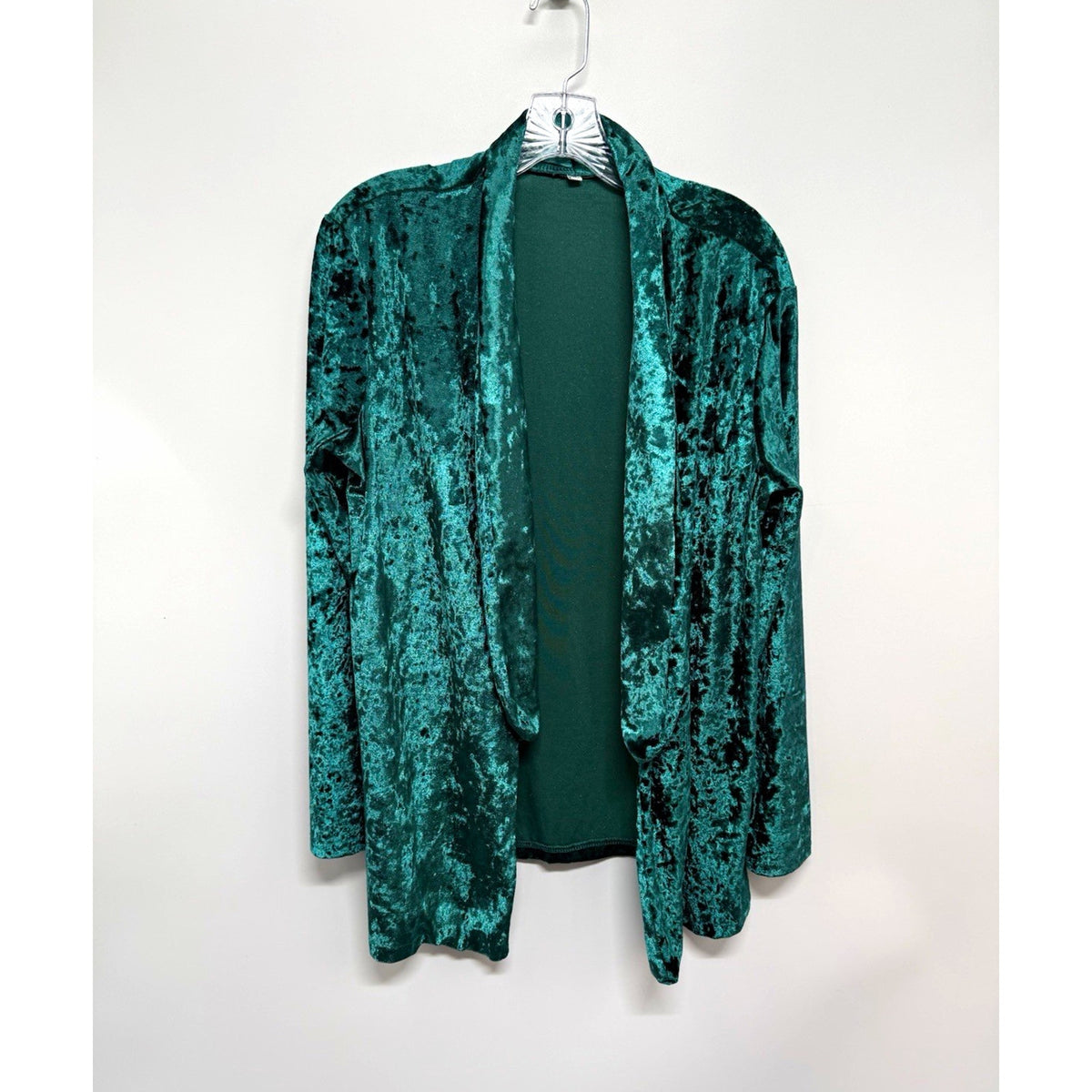 Women’s XL Emerald Green Crushed Velvet Open Front Longline Cardigan Jacket
