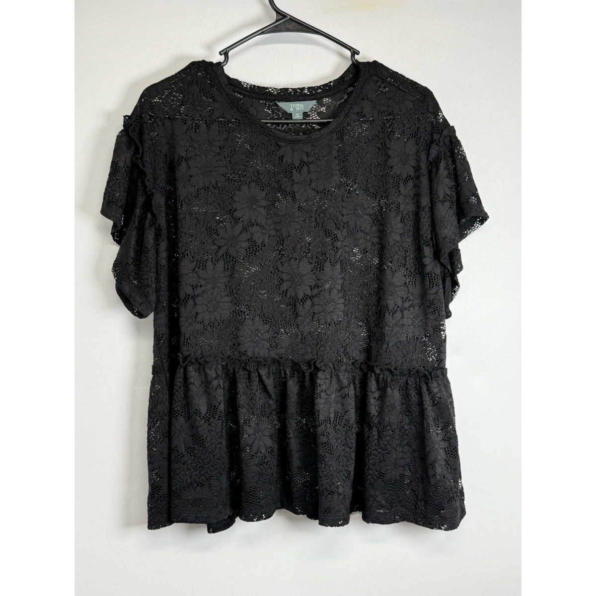 Terra & Sky Black Lace Peplum Top 0X Plus Flutter Sleeve Sheer Whimsigoth Fairy