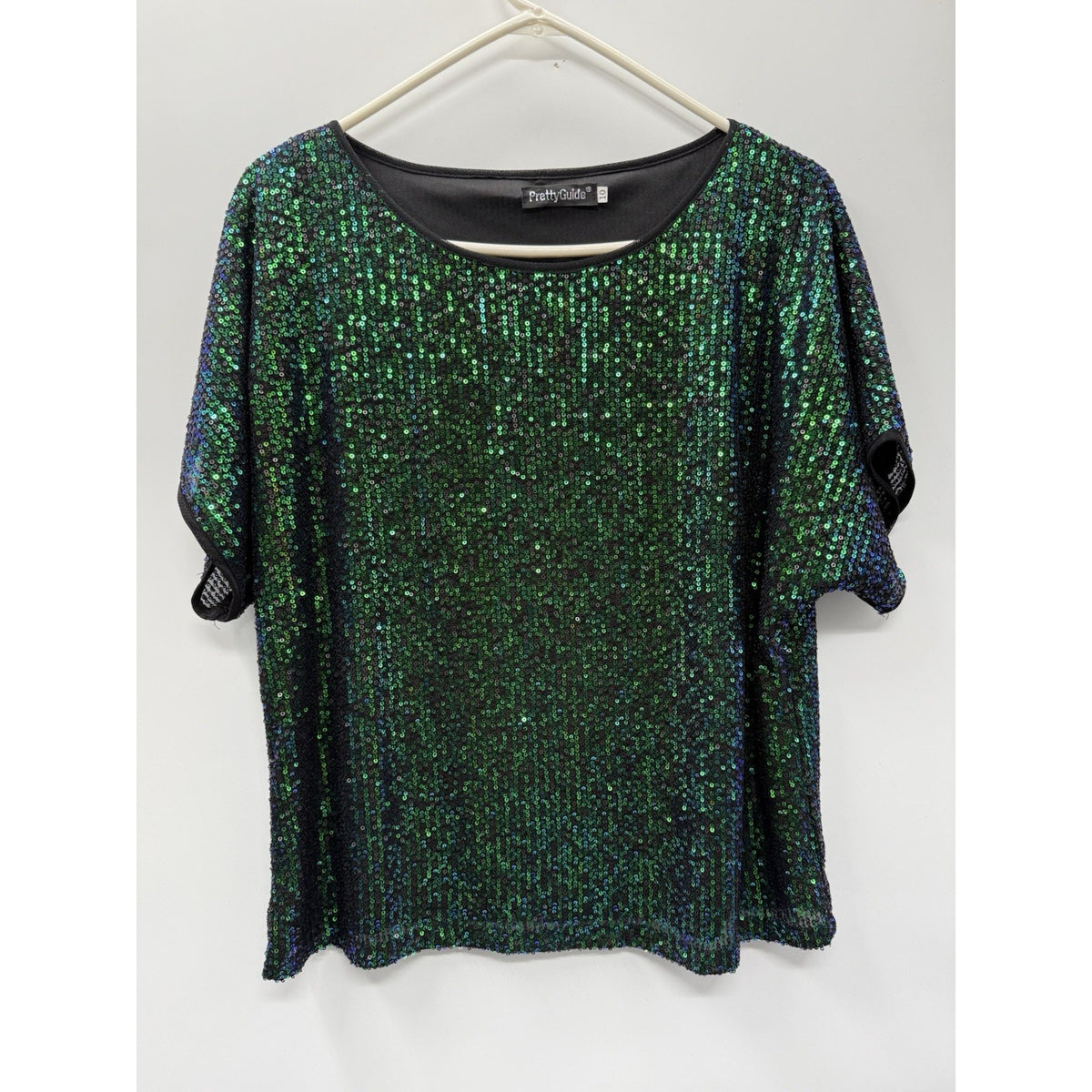 PrettyGuide Green Black Sequin Top Size 10 Dolman Batwing Sleeve Party Holiday